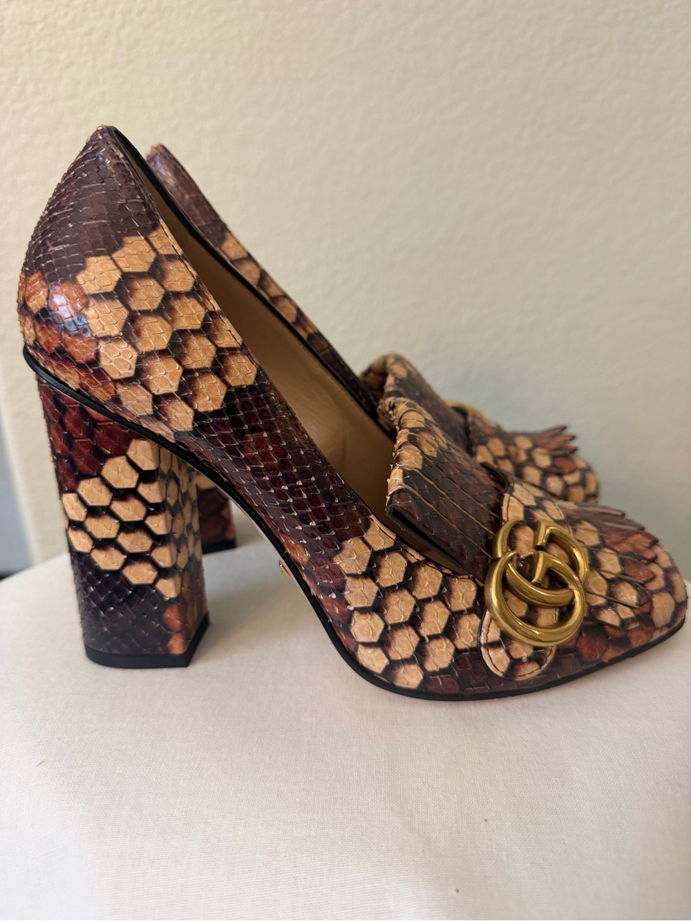 GUCCI Women's Snake-Print Block Heel Loafers with Gold Accent